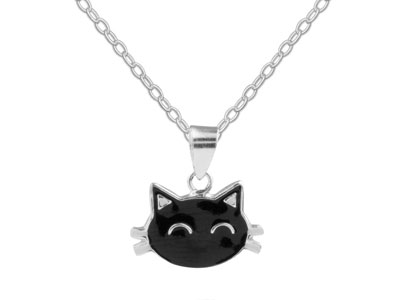 Sterling Silver Black Cat Halloween Enamel Jewellery Pendant And Chain  Set