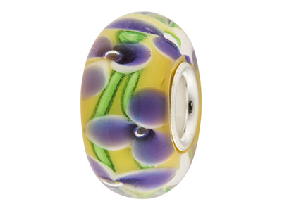 Glass Charm Bead, Yellow With Blue Flowers, Sterling Silver Core - Standard Image - 1