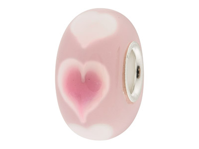 Glass Charm Bead, Pink With Pink   Hearts, Sterling Silver Core