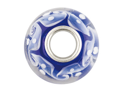 Glass Charm Bead, Blue With Blue   And White Abstract Pattern,        Sterling Silver Core - Standard Image - 2