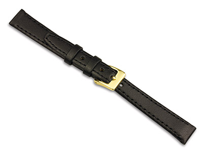 Black Calf Stitched Watch Strap    12mm Genuine Leather