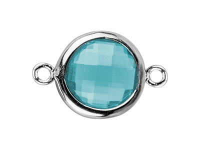 Sterling Silver Round Connector    With Aqua Cubic Zirconia 8mm
