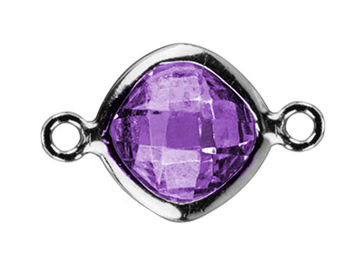 Sterling Silver Square Connector   With Amethyst Colour               Cubic Zirconia, 6 MM