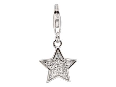 Sterling Silver Star Design Charm  With Cubic Zirconia And Carabiner  Trigger Clasp - Standard Image - 1