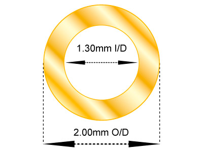 18ct Yellow Gold Tube, Ref 10,     Outside Diameter 2.0mm,            Inside Diameter 1.3mm, 0.35mm Wall Thickness, 100% Recycled Gold - Standard Image - 2