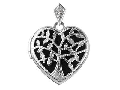 Sterling Silver Locket 17mm Heart  Tree Of Life With Cubic Zirconia   Set Bail