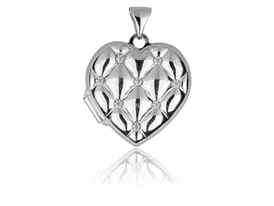 Sterling Silver Heart Quilted      Effect Locket Set With             Cubic Zirconia