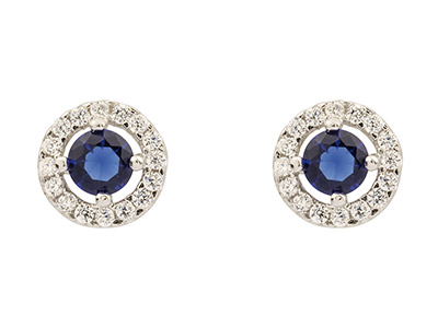 Sterling Silver Round Halo Stud    Earrings With Blue And White       Cubic Zirconia