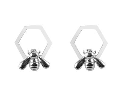 Sterling Silver Bee And Honeycomb  Design Stud Earrings