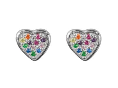Sterling Silver Heart Design       Earrings With Multicolour          Cubic Zirconia