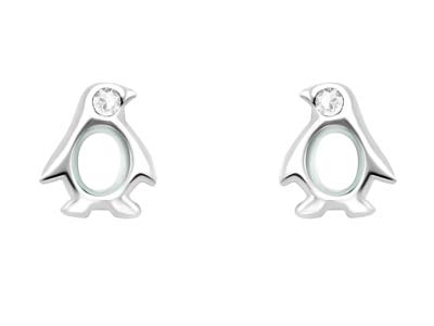 Sterling Silver Penguin Design Stud Earrings Set With Cubic Zirconia