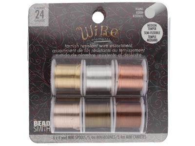 Wire Elements, 24 Gauge, Pack of 6  Assorted Colours, Tarnish           Resistant, Medium Temper, 6yd/5.49m - Standard Image - 1