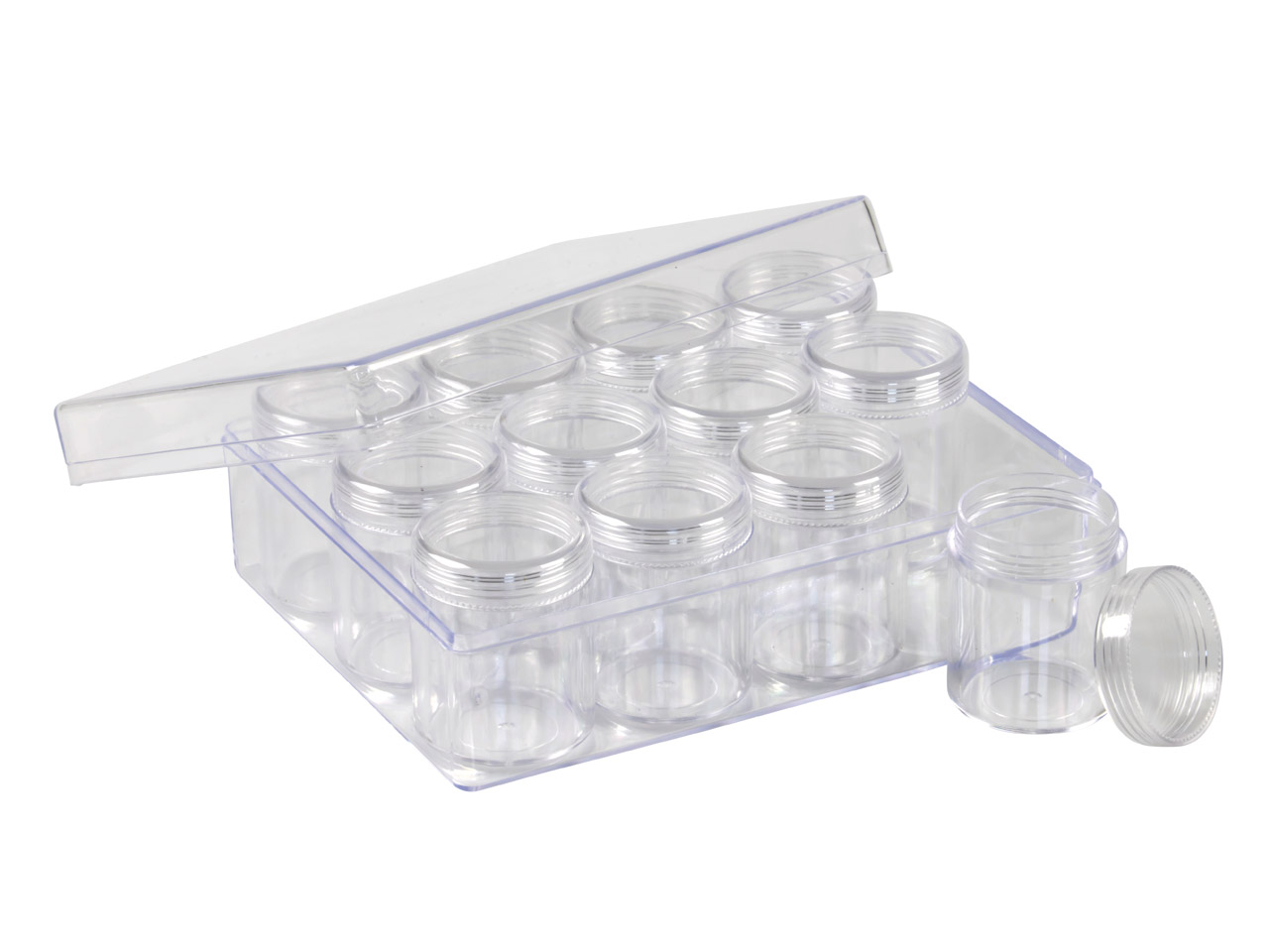 Clear Bead Storage Jar Set, 12 Large Jars In A Clear Box - cooksongold.com
