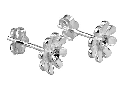 Sterling Silver Earrings           Cubic Zirconia White Enamel Flower Stud - Standard Image - 2