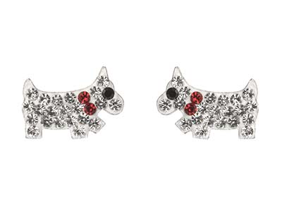 Sterling Silver Dog Design Stud    Earrings Set With Cubic Zirconia - Standard Image - 1